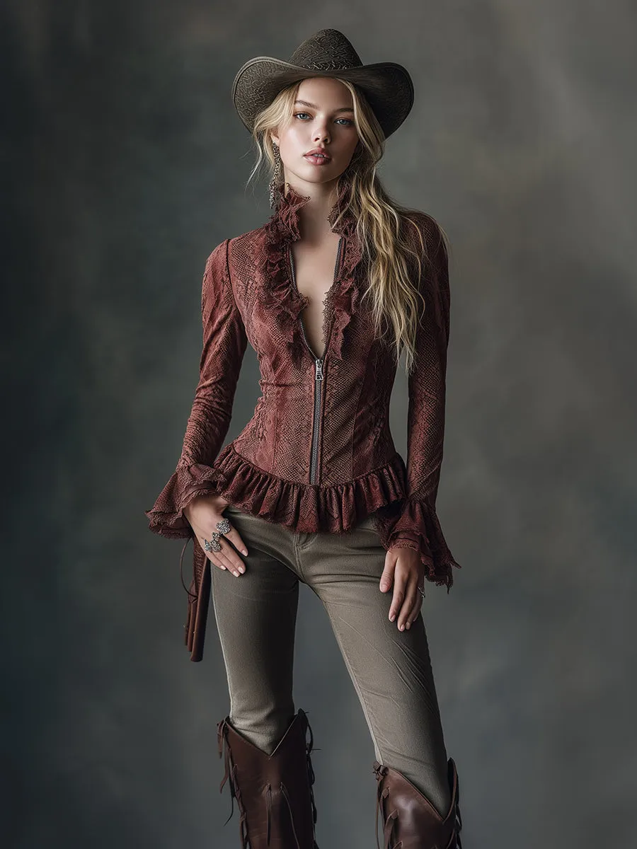 Retro Western Style Lace Ruffle Snake Print Faux Suede Top sold by Oyrosy product image thumbnail 3