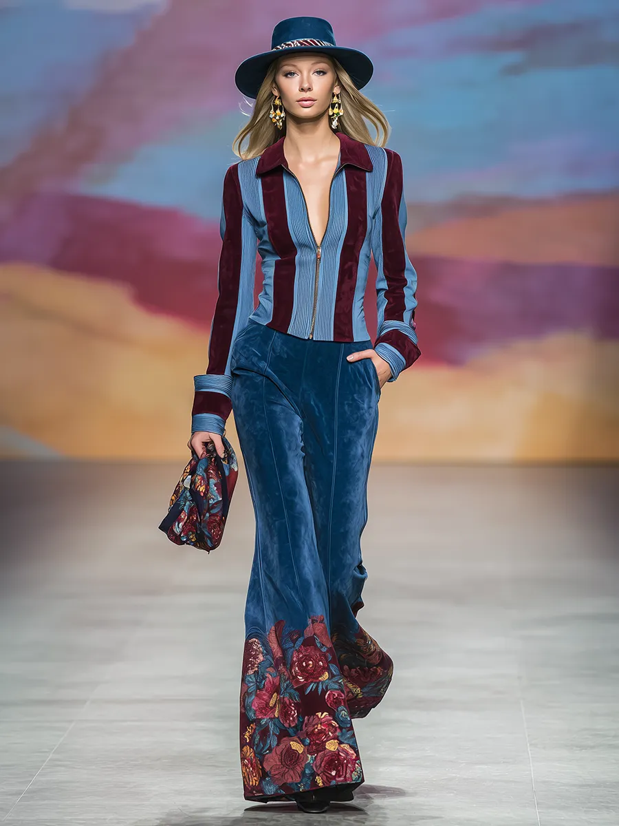 Retro Color-blocked Striped Print Zipper Faux Suede Shirt sold by Oyrosy product image thumbnail 2