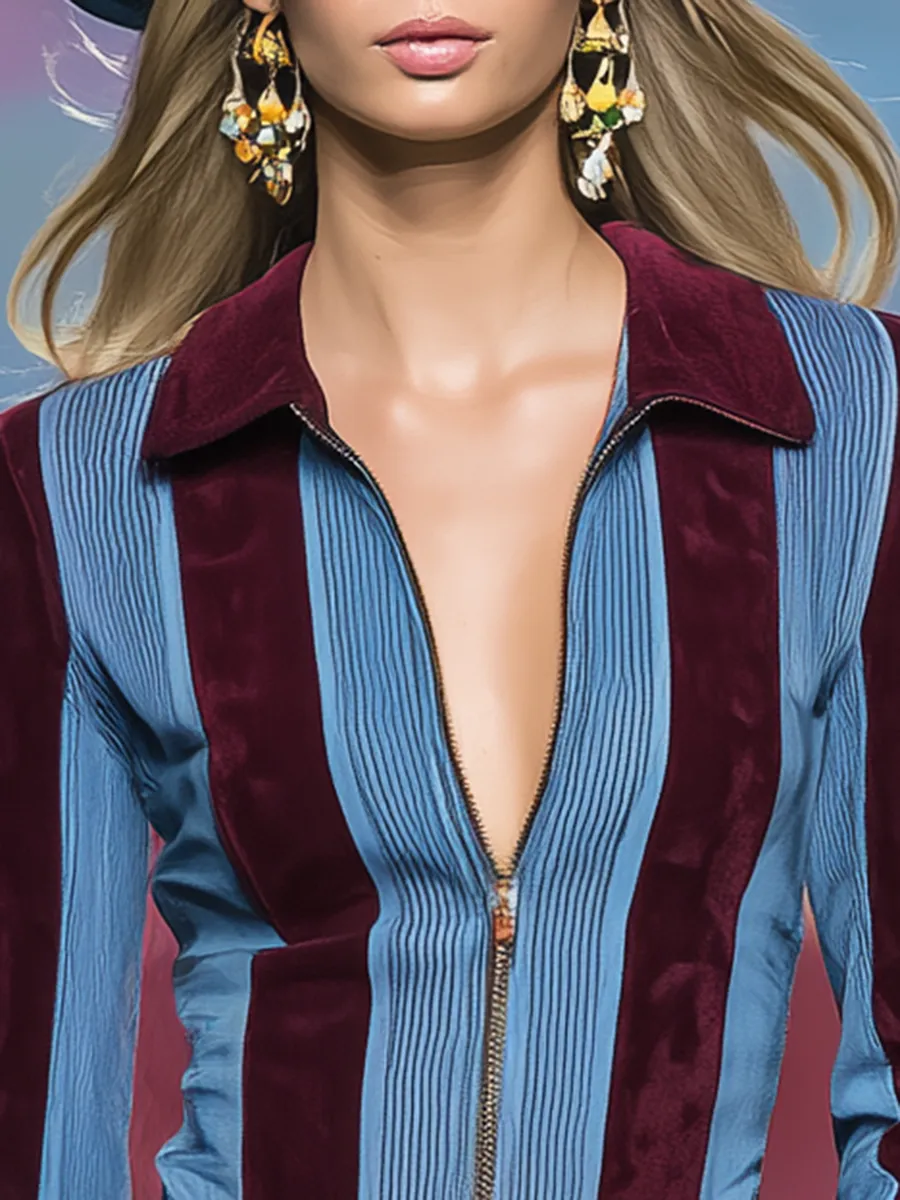 Retro Color-blocked Striped Print Zipper Faux Suede Shirt sold by Oyrosy product image thumbnail 3