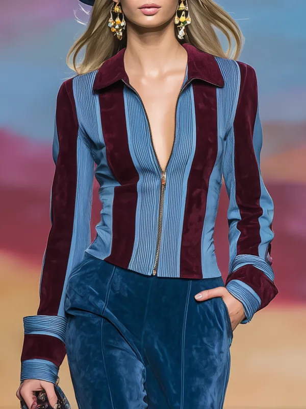 Retro Color-blocked Striped Print Zipper Faux Suede Shirt sold by Oyrosy