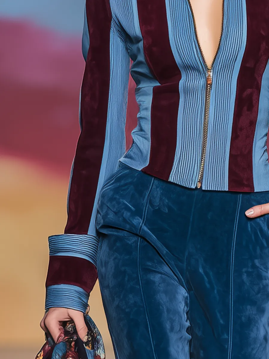 Retro Color-blocked Striped Print Zipper Faux Suede Shirt sold by Oyrosy product image thumbnail 4