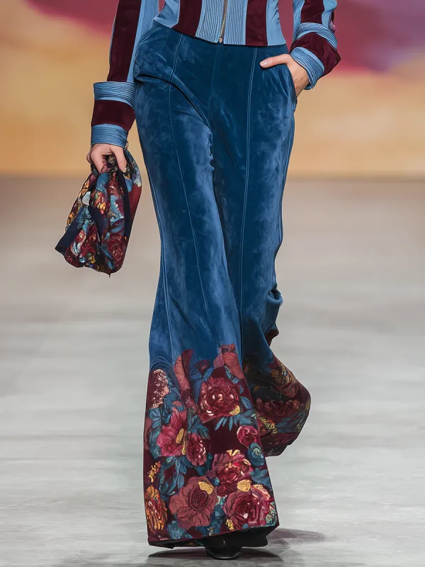 Retro Floral Print Faux Suede Flared Pants sold by Oyrosy