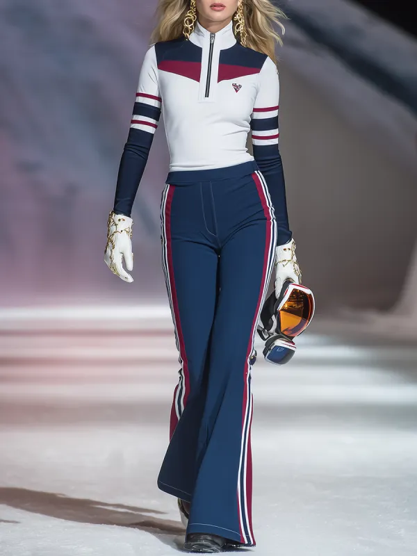Retro Sporty Zip-up Stand-up Collar Top And Flared Pants Set sold by Oyrosy