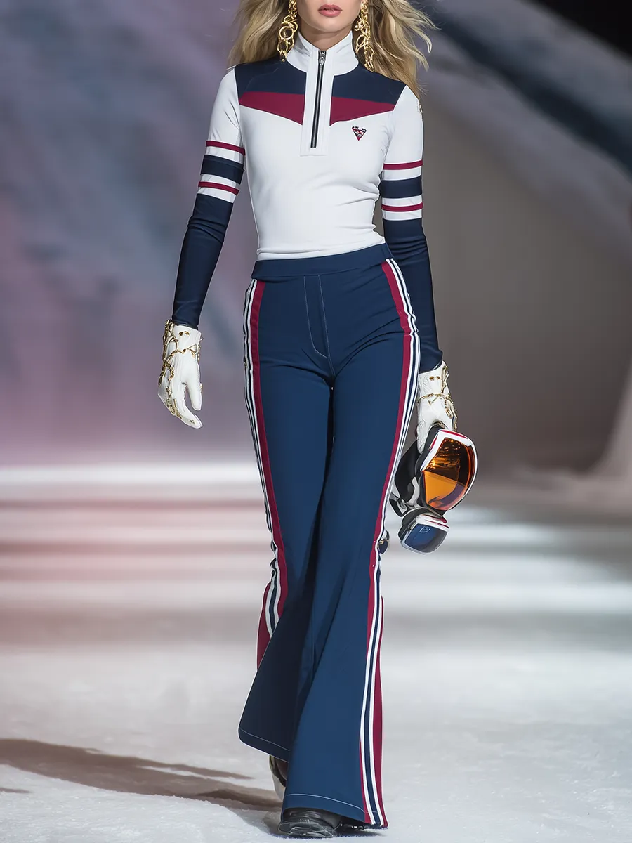 Retro Sporty Zip-up Stand-up Collar Top And Flared Pants Set sold by Oyrosy