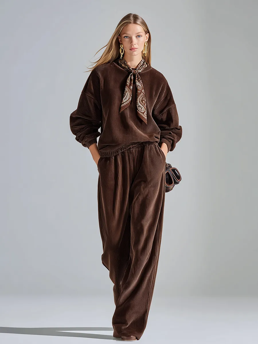 Sporty Casual Solid Color Corduroy Sweatshirt And Wide-leg Pants Set sold by Oyrosy product image thumbnail 2