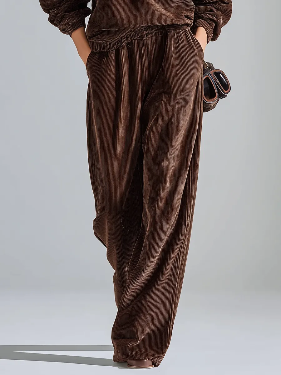 Sporty Casual Solid Color Corduroy Sweatshirt And Wide-leg Pants Set sold by Oyrosy product image thumbnail 4