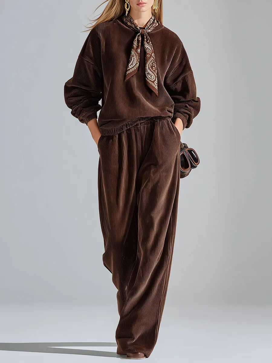 Sporty Casual Solid Color Corduroy Sweatshirt And Wide-leg Pants Set sold by Oyrosy