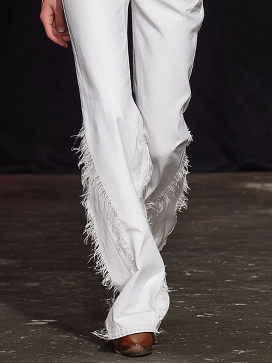 Stylish Retro Frayed White Flared Jeans sold by Oyrosy product image thumbnail 4