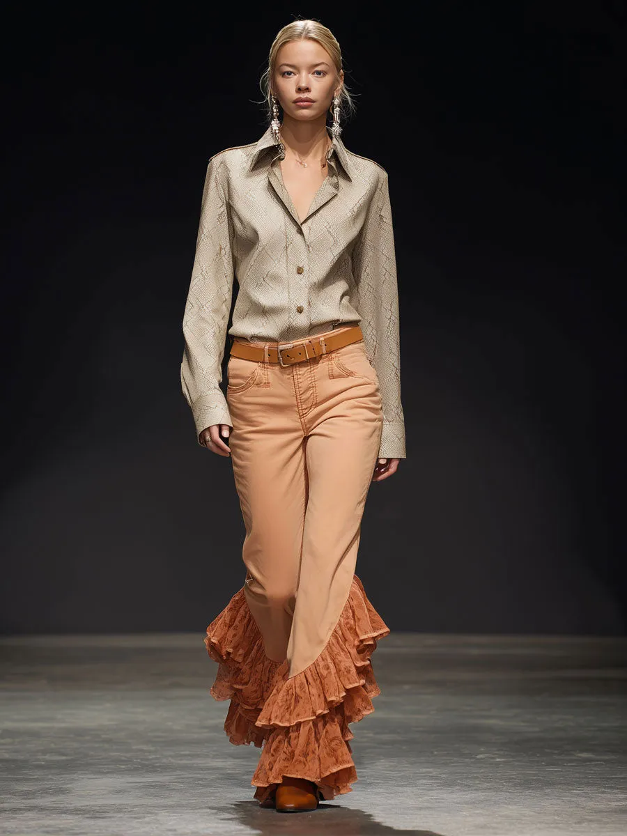 Fashionable Retro Ruffled Lace Orange Cotton Flared Pants sold by Oyrosy product image thumbnail 2