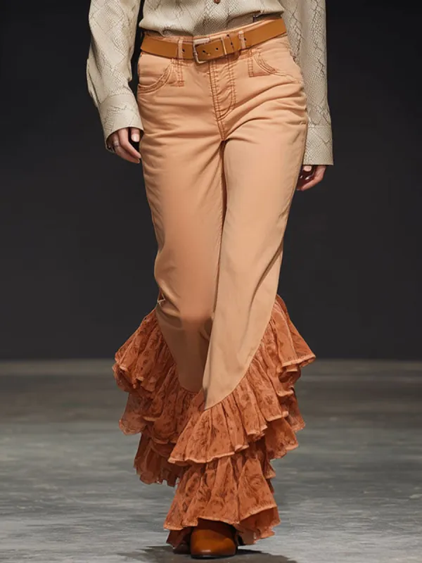 Fashionable Retro Ruffled Lace Orange Cotton Flared Pants sold by Oyrosy
