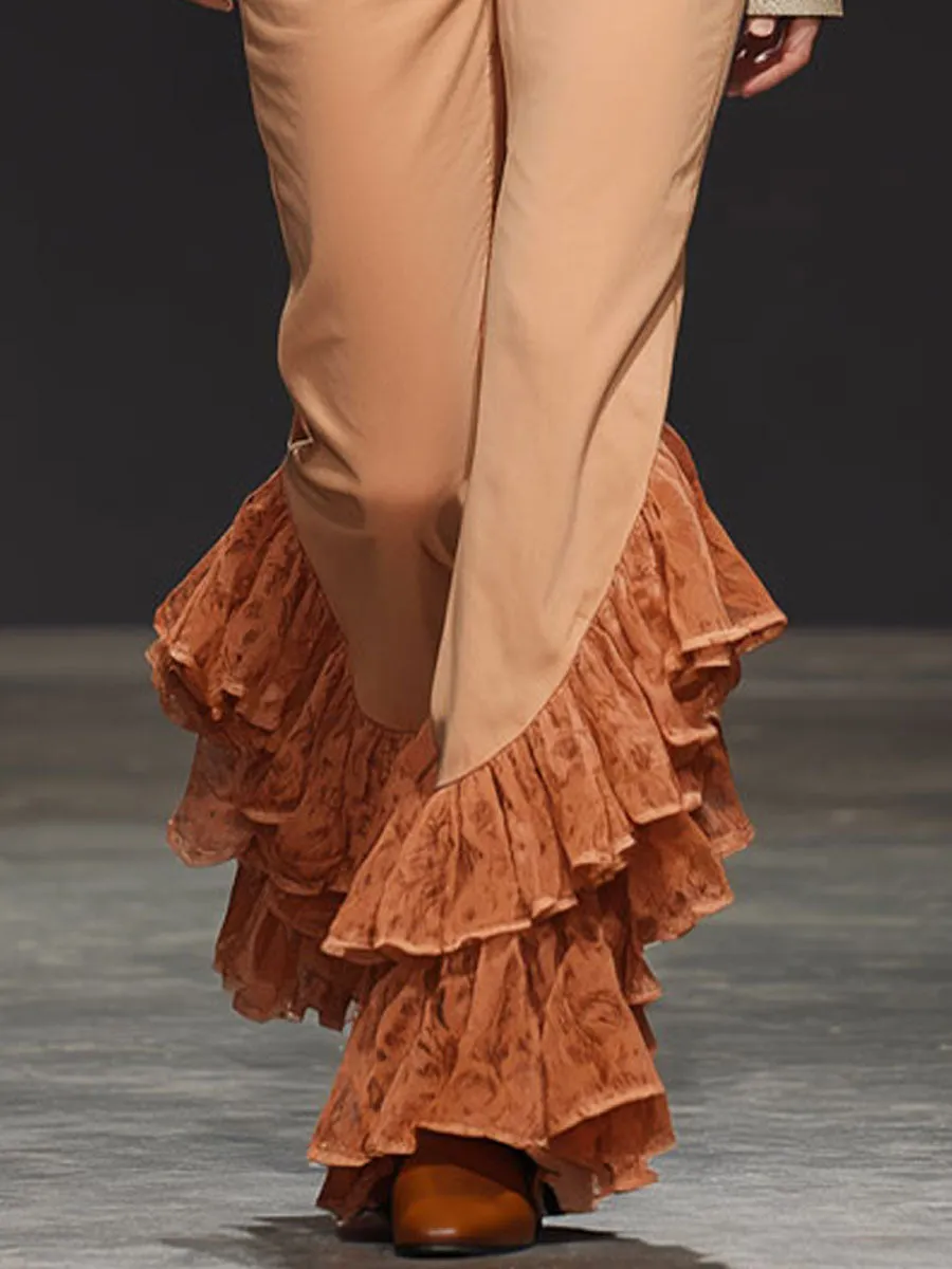 Fashionable Retro Ruffled Lace Orange Cotton Flared Pants sold by Oyrosy product image thumbnail 3