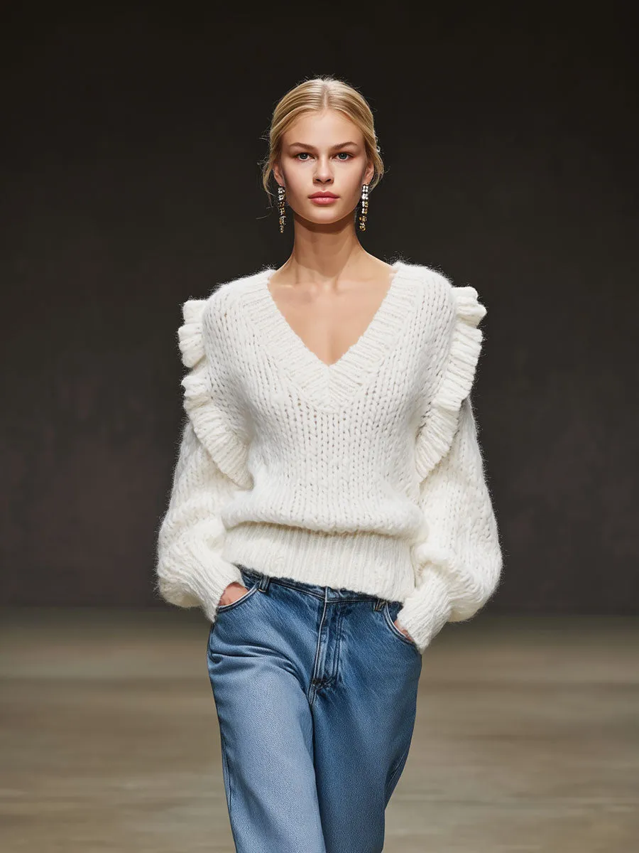 Casual Retro V-neck Ruffled Long White Knit Pullover Sweater sold by Oyrosy product image thumbnail 2