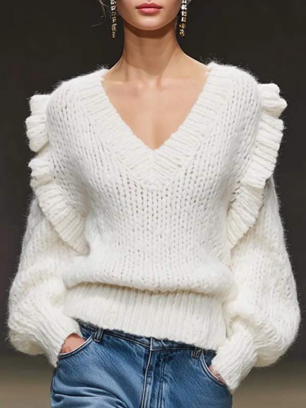 Casual Retro V-neck Ruffled Long White Knit Pullover Sweater sold by Oyrosy
