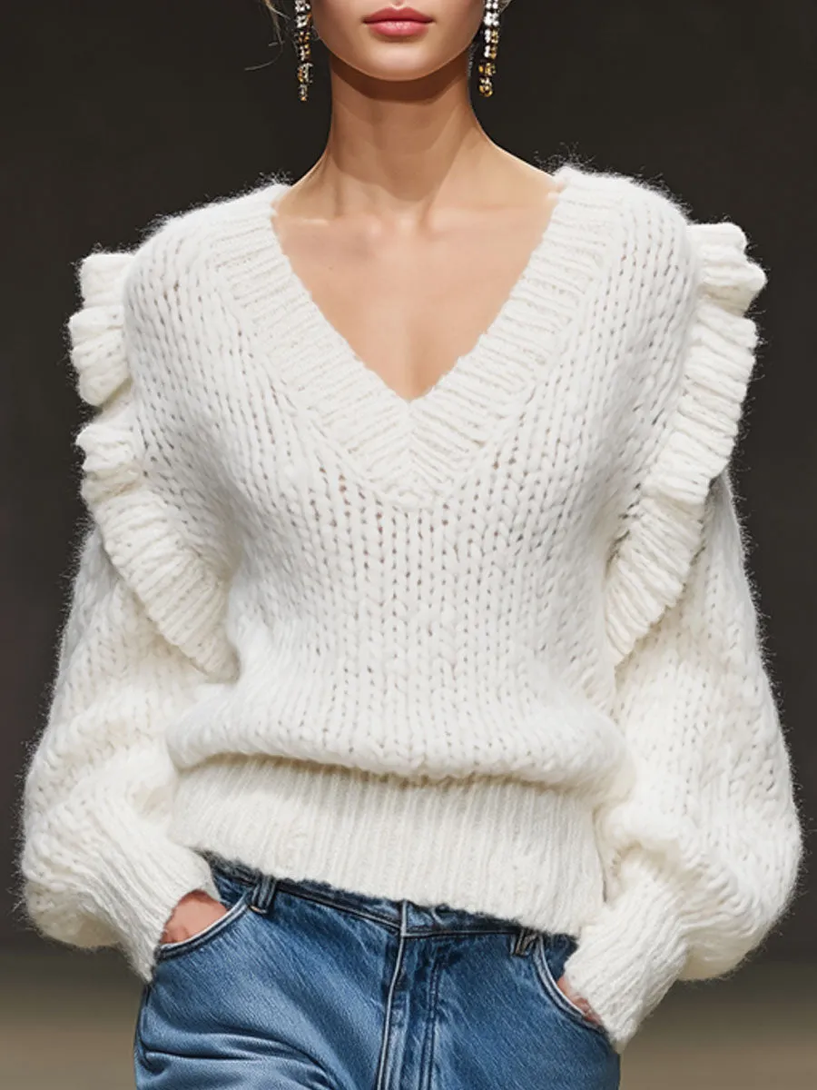 Casual Retro V-neck Ruffled Long White Knit Pullover Sweater sold by Oyrosy