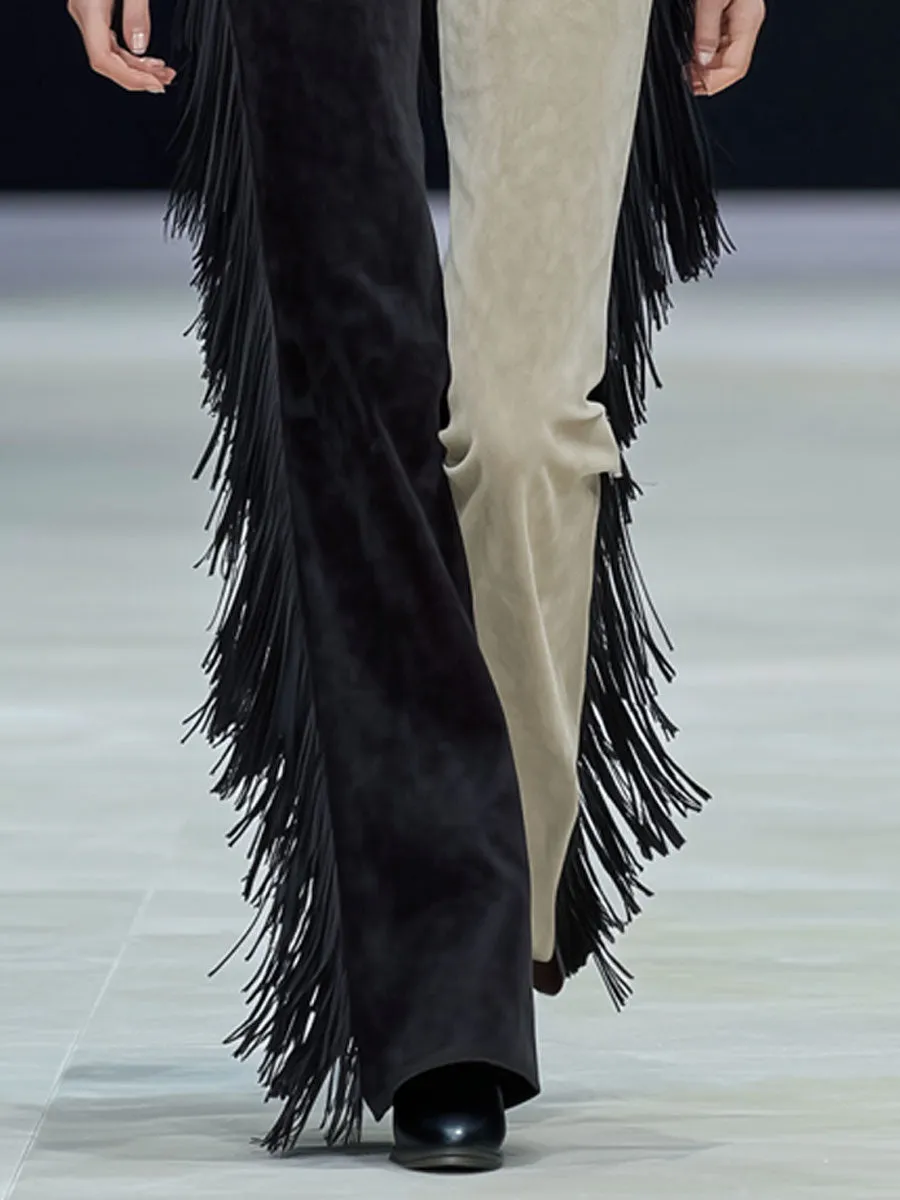 Western Retro-style Fringed Color-blocked Faux Suede Pants sold by Oyrosy product image thumbnail 4