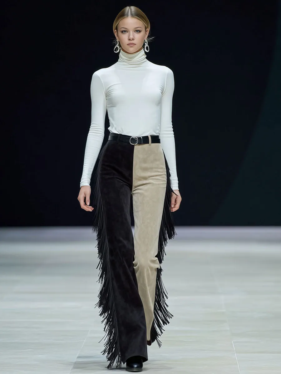 Western Retro-style Fringed Color-blocked Faux Suede Pants sold by Oyrosy product image thumbnail 2