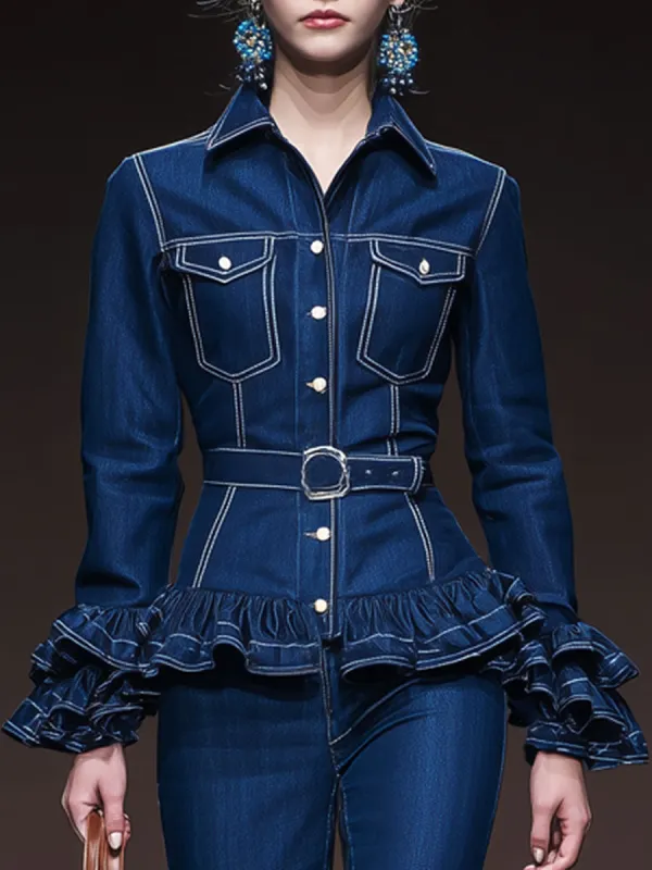 Stylish Retro-style Lace-up Ruffled Dark Blue Denim Jacket sold by Oyrosy