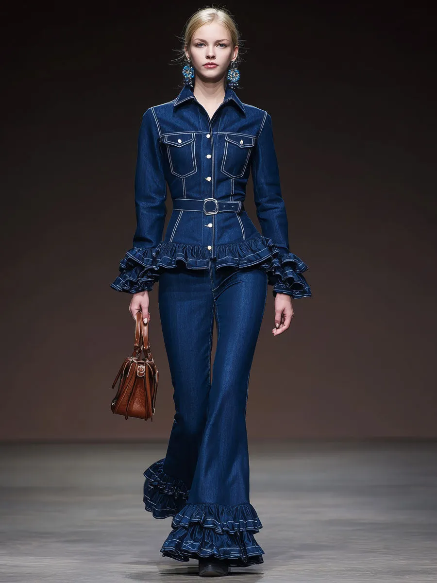 Stylish Retro Ruffled Dark Blue Flared Jeans sold by Oyrosy product image thumbnail 2