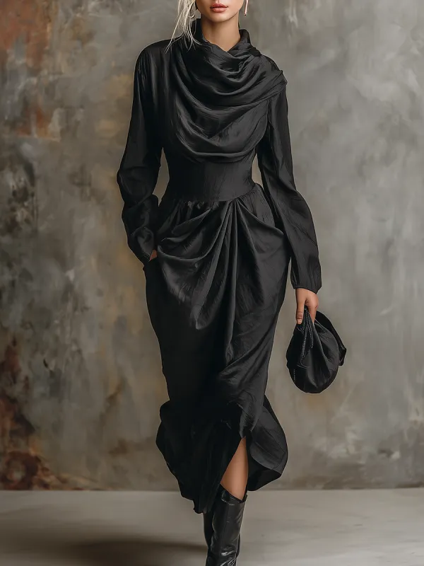 Elegant Retro Cowl Neck Pleated Maxi Dress sold by Oyrosy