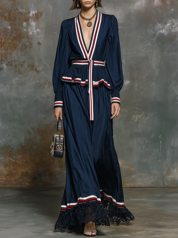 Retro V-neck Color-blocked Striped Satin Maxi Dress sold by Oyrosy