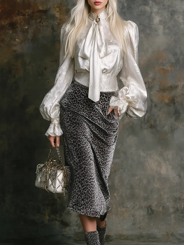 Elegant Retro Jacquard Satin Shirt And Leopard Print Velvet Skirt Set sold by Oyrosy