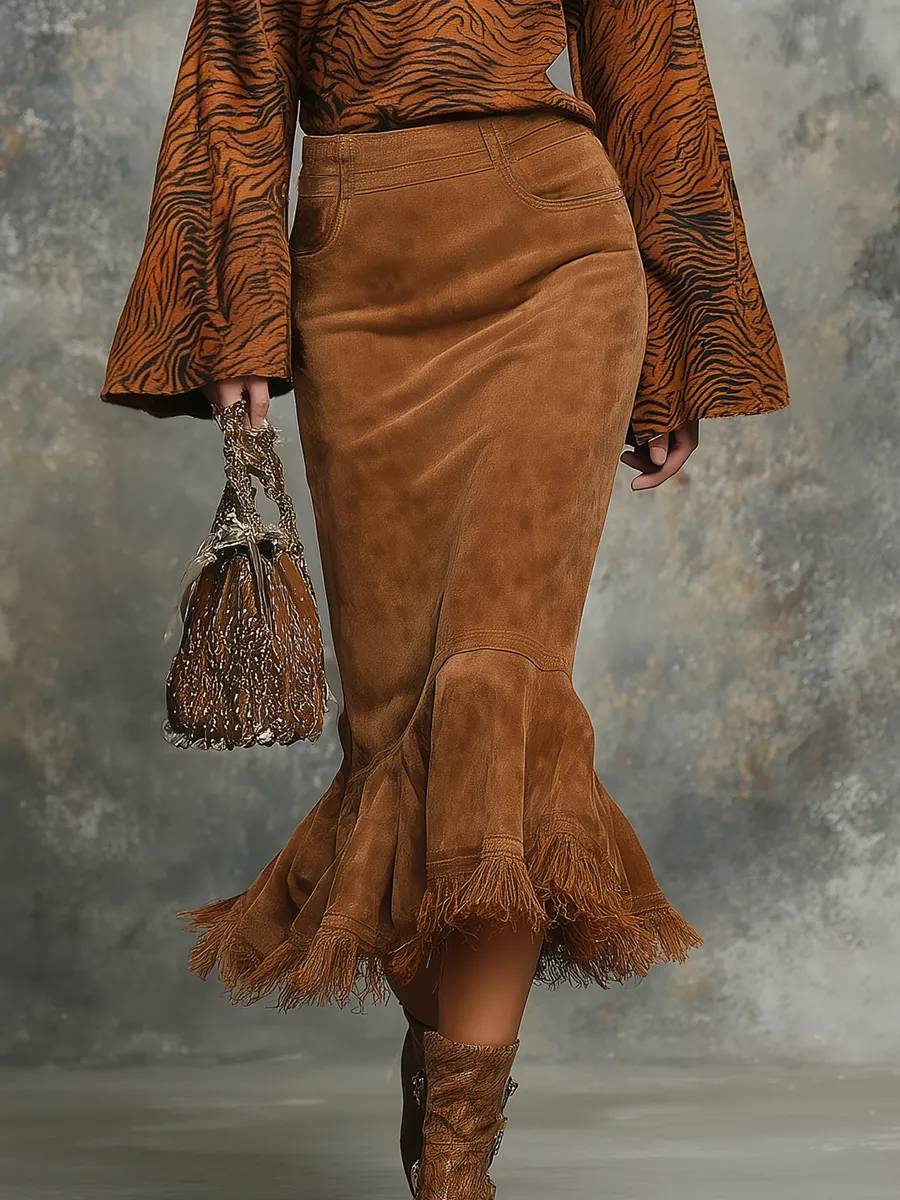 Retro Tiger Print Bell-sleeved Top And Fishtail Faux Suede Skirt Set sold by Oyrosy product image thumbnail 4