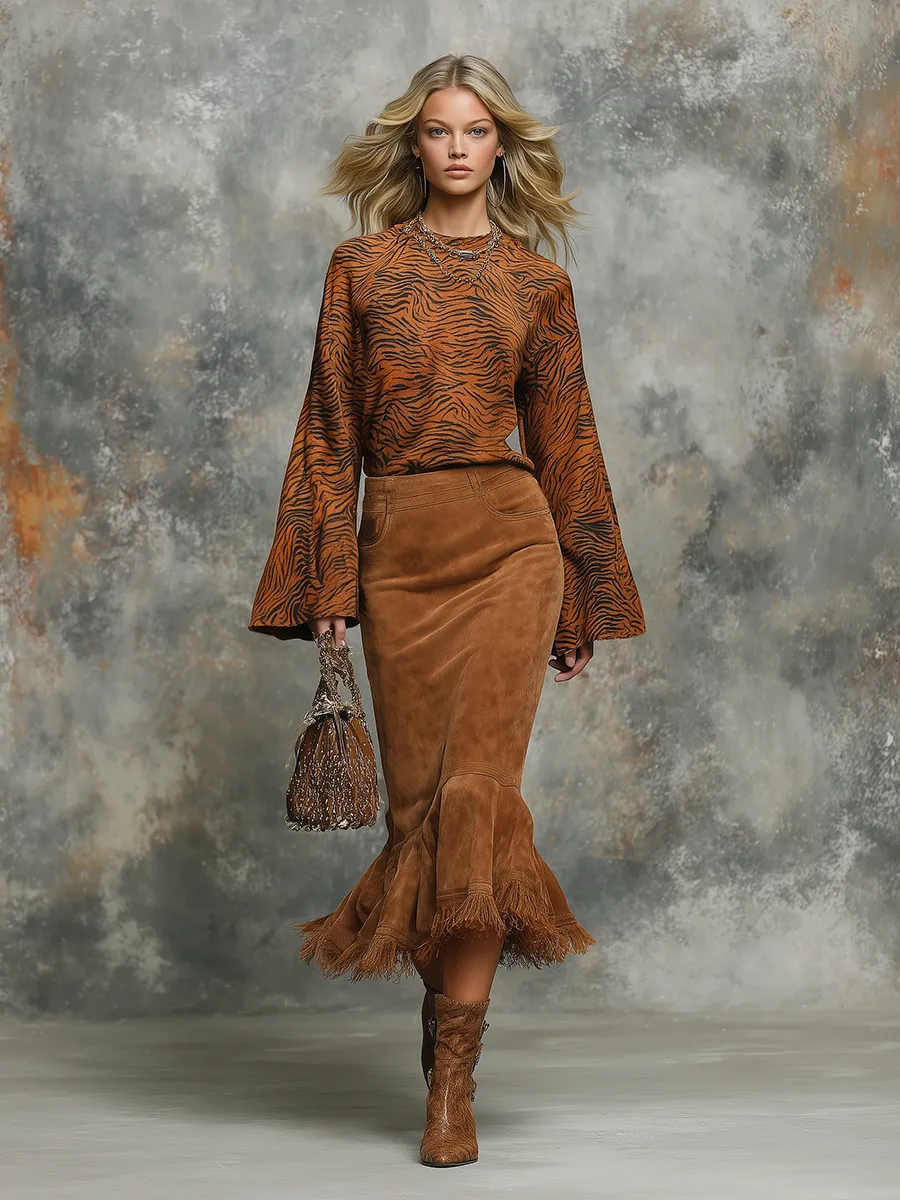 Retro Tiger Print Bell-sleeved Top And Fishtail Faux Suede Skirt Set sold by Oyrosy product image thumbnail 2