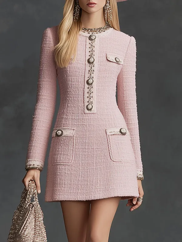 Elegant And Gentle Pink Tweed Mini Dress sold by Oyrosy
