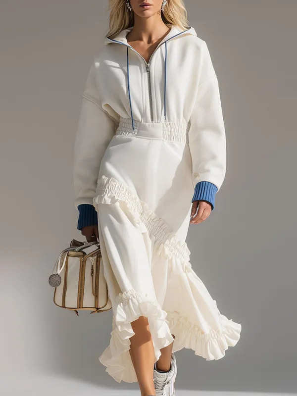 Casual Loose-fitting White Hooded Ruffled Cotton Midi Dress sold by Oyrosy