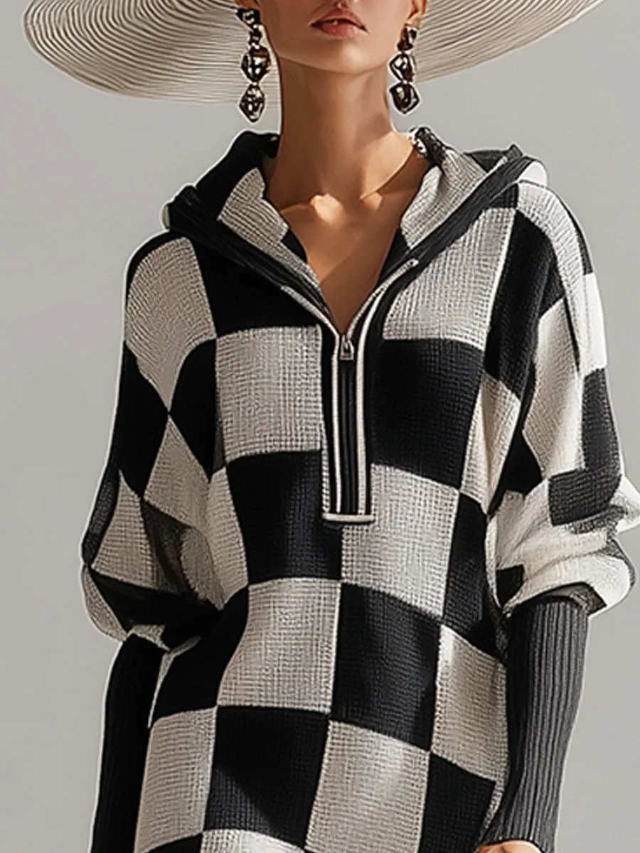 Fashionable Retro Black And White Checkered Hooded Knit Midi Dress sold by Oyrosy product image thumbnail 3