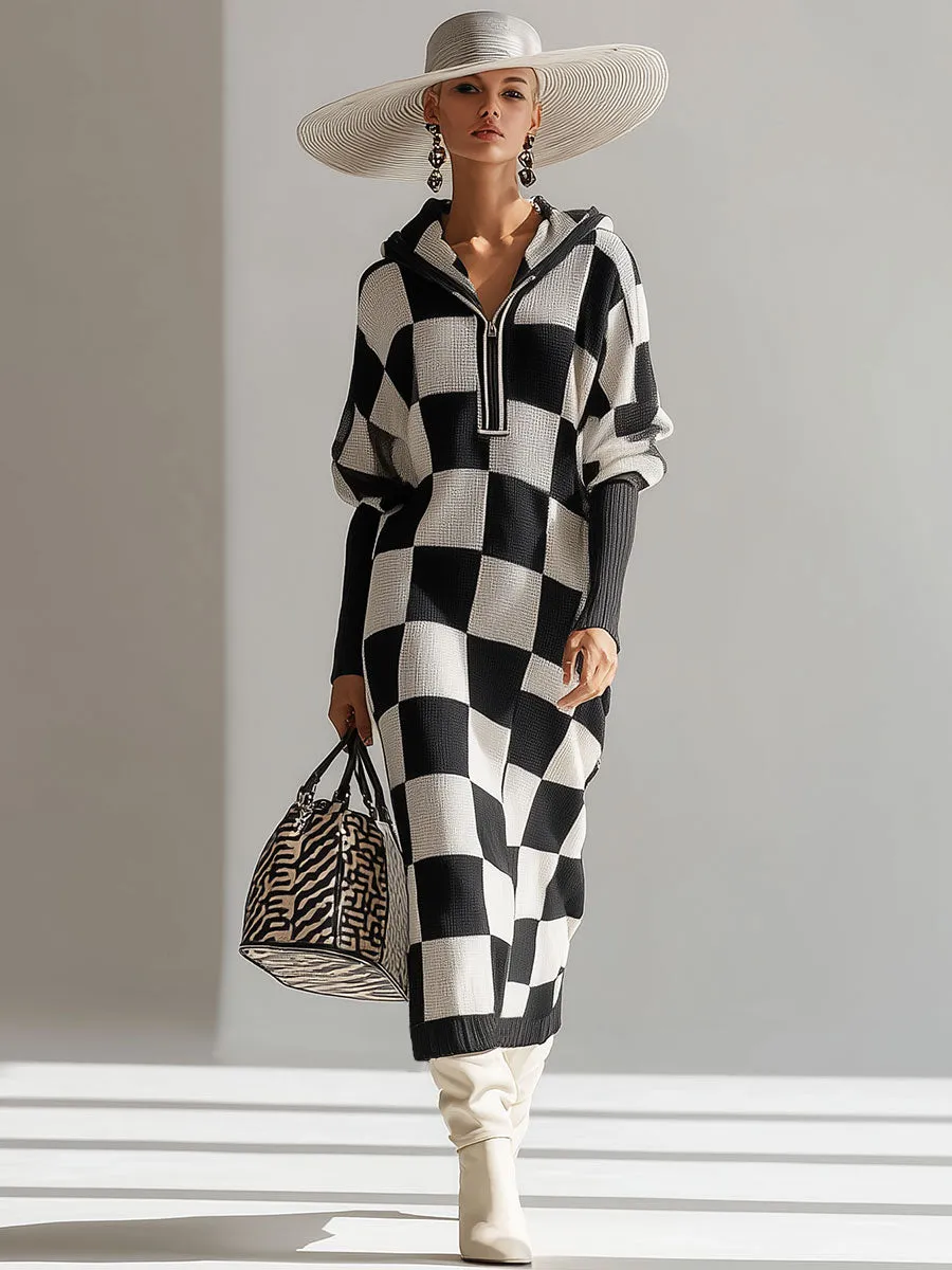 Fashionable Retro Black And White Checkered Hooded Knit Midi Dress sold by Oyrosy product image thumbnail 2