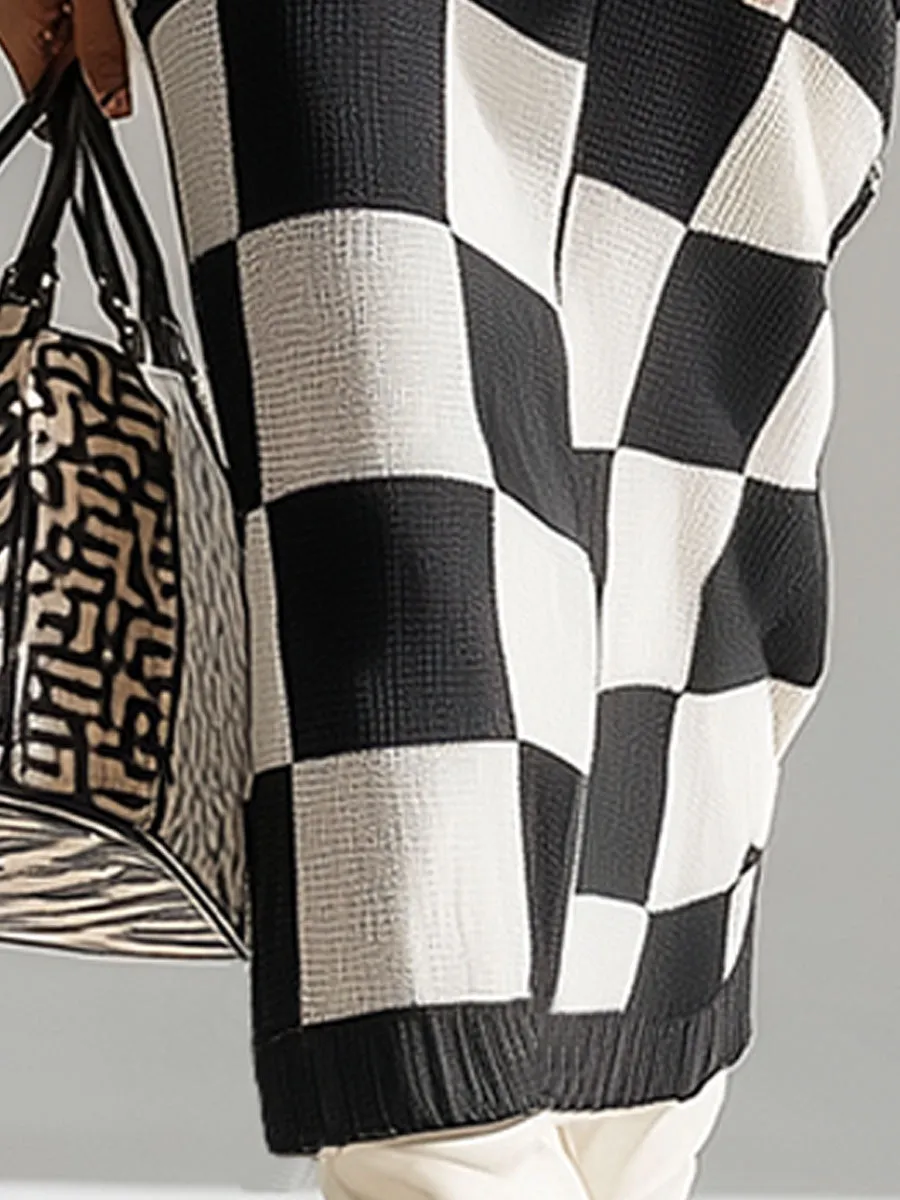 Fashionable Retro Black And White Checkered Hooded Knit Midi Dress sold by Oyrosy product image thumbnail 4