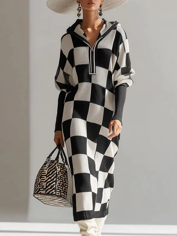Fashionable Retro Black And White Checkered Hooded Knit Midi Dress sold by Oyrosy