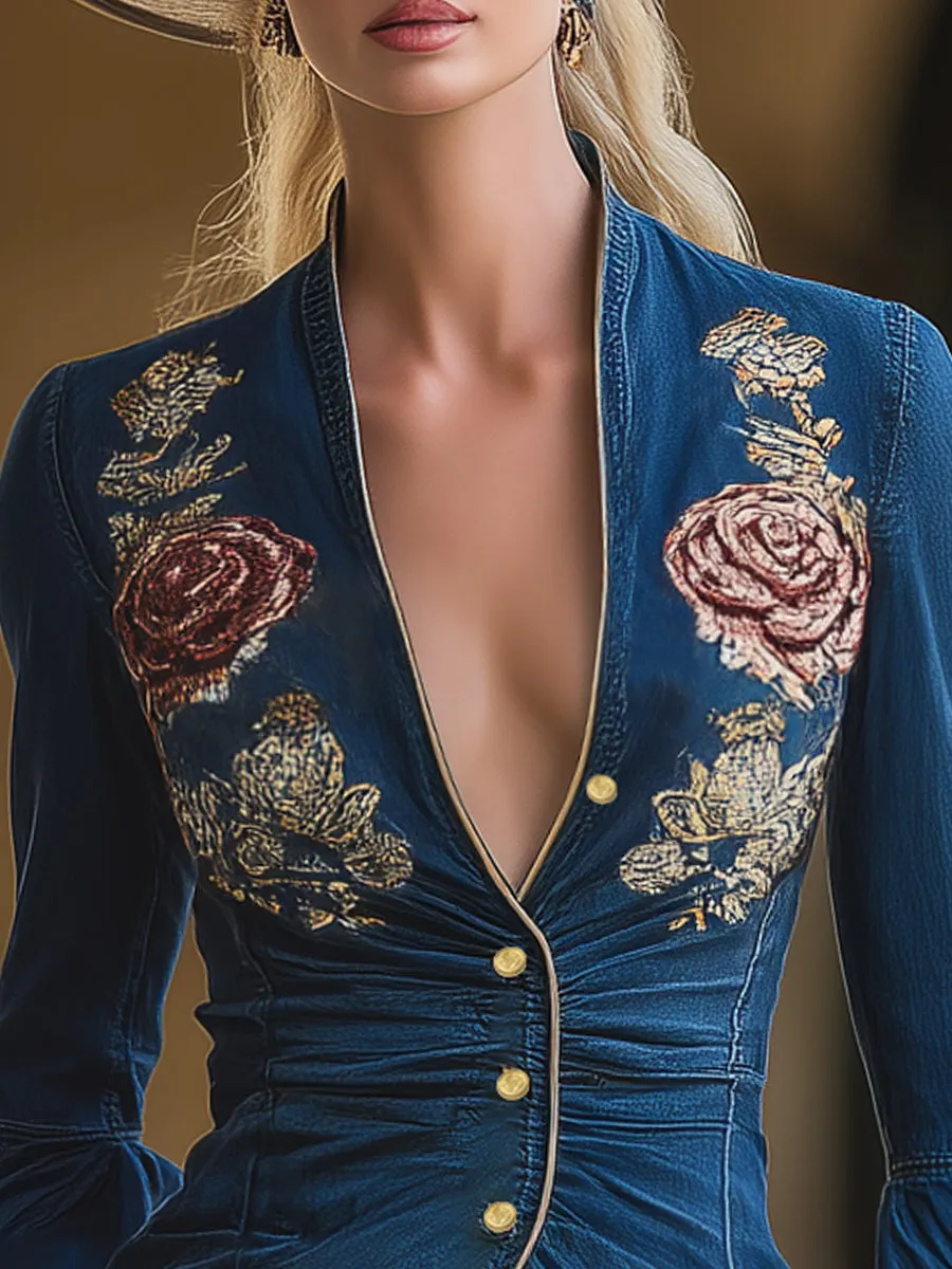Casual Western-style Rose Embroidered V-neck Blue Denim Jacket sold by Oyrosy product image thumbnail 3