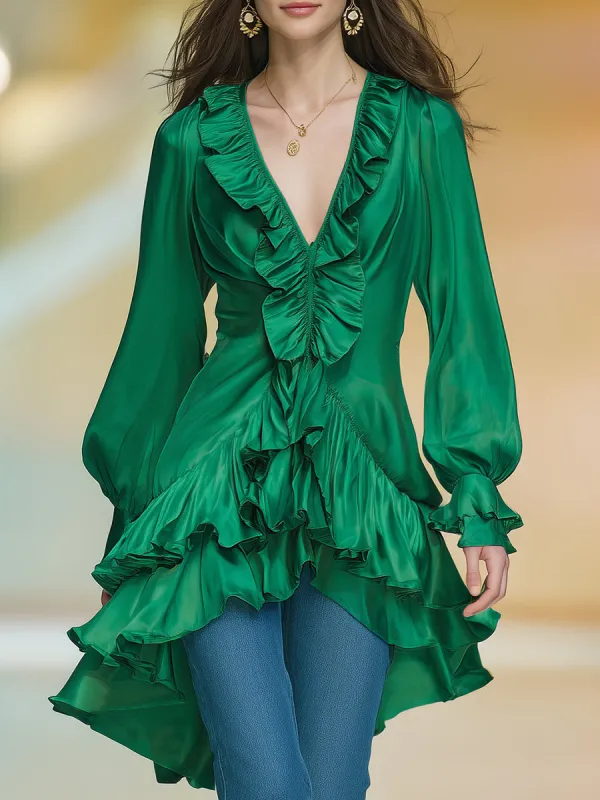 Casual And Stylish Ruffle Trim Green V-neck Satin Mini Dress sold by Oyrosy