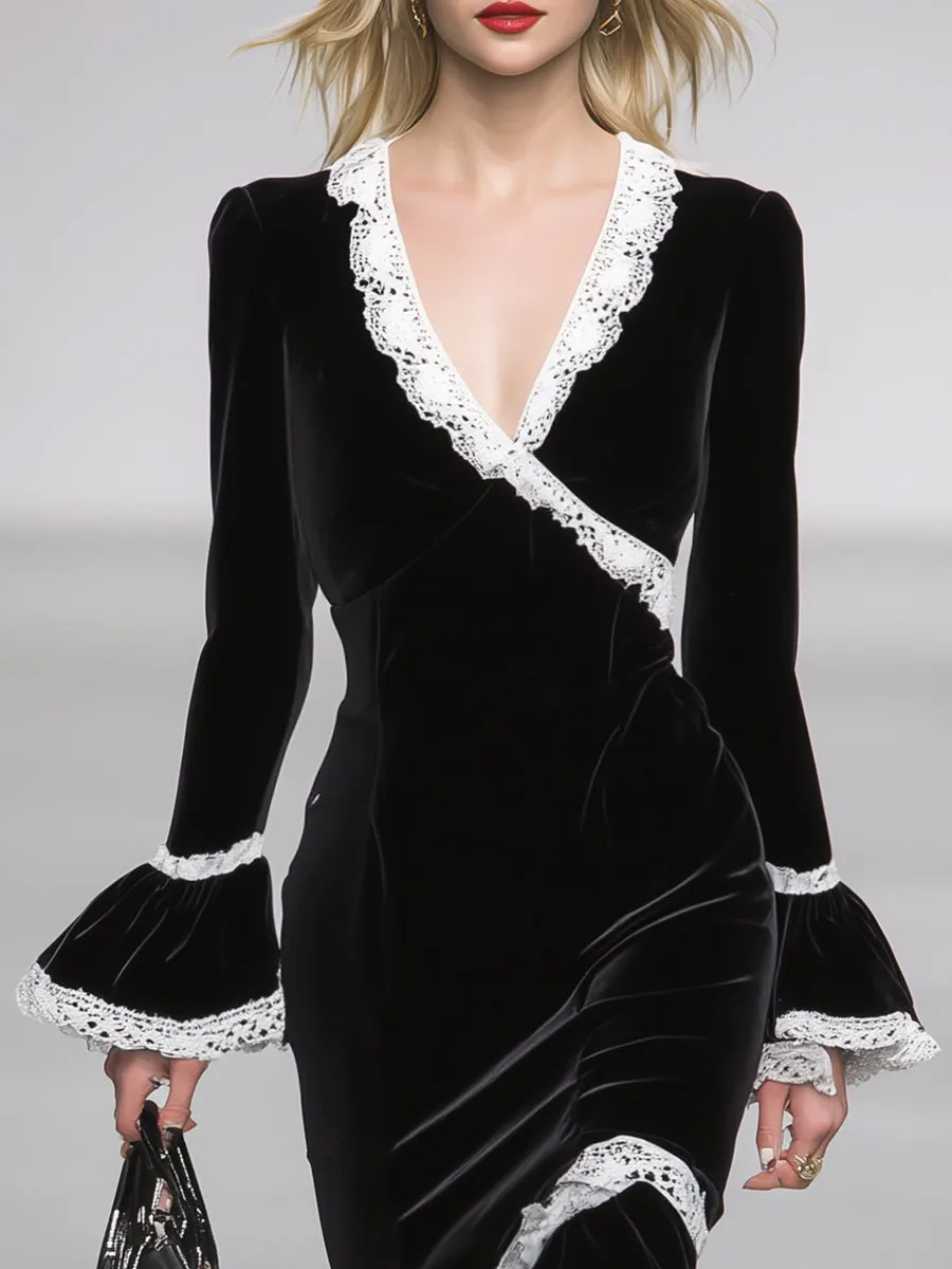 Simple And Stylish White Lace-trimmed Black Ruffled Fishtail Midi Dress sold by Oyrosy product image thumbnail 3