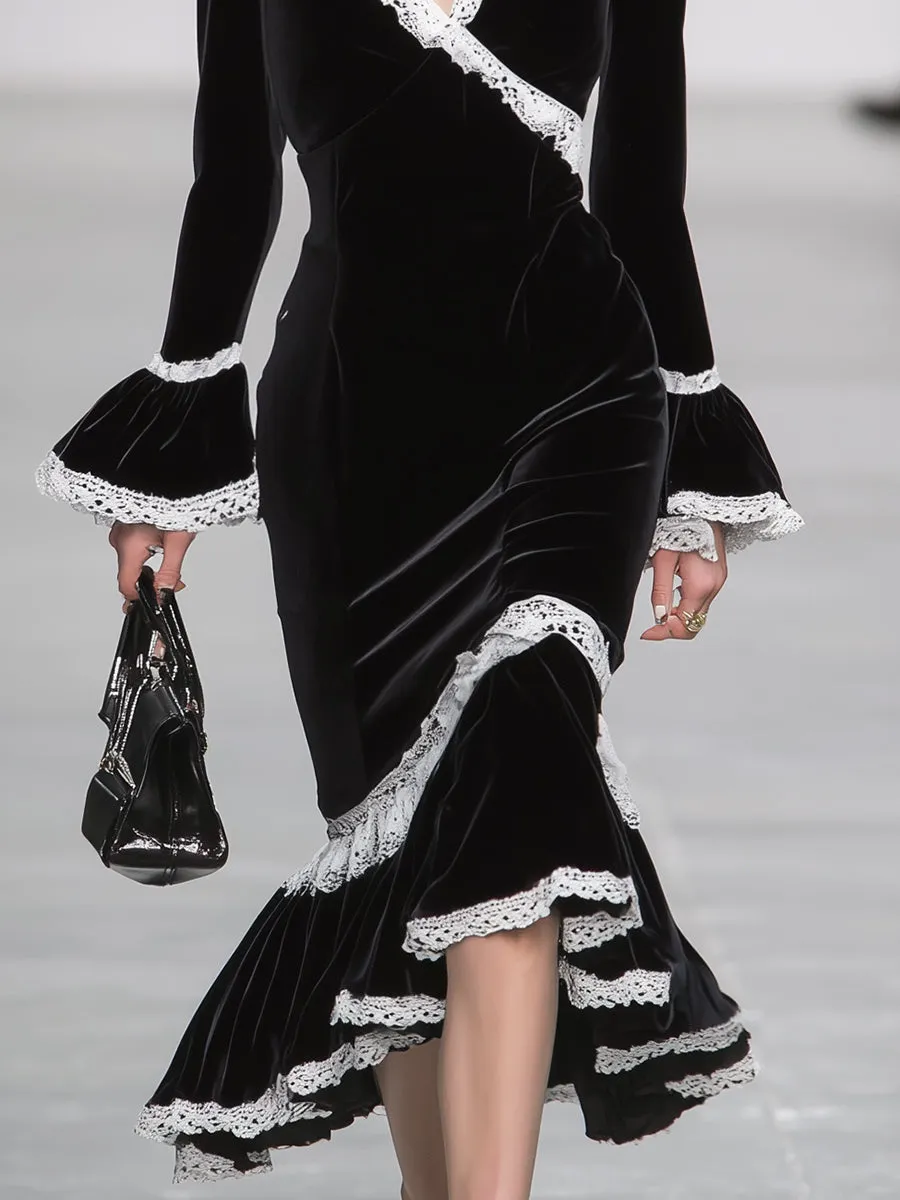 Simple And Stylish White Lace-trimmed Black Ruffled Fishtail Midi Dress sold by Oyrosy product image thumbnail 4