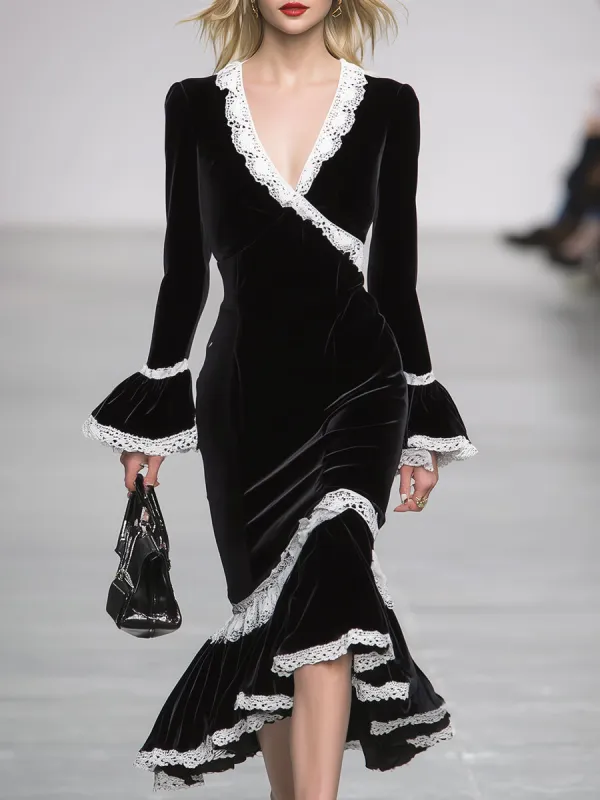 Simple And Stylish White Lace-trimmed Black Ruffled Fishtail Midi Dress sold by Oyrosy