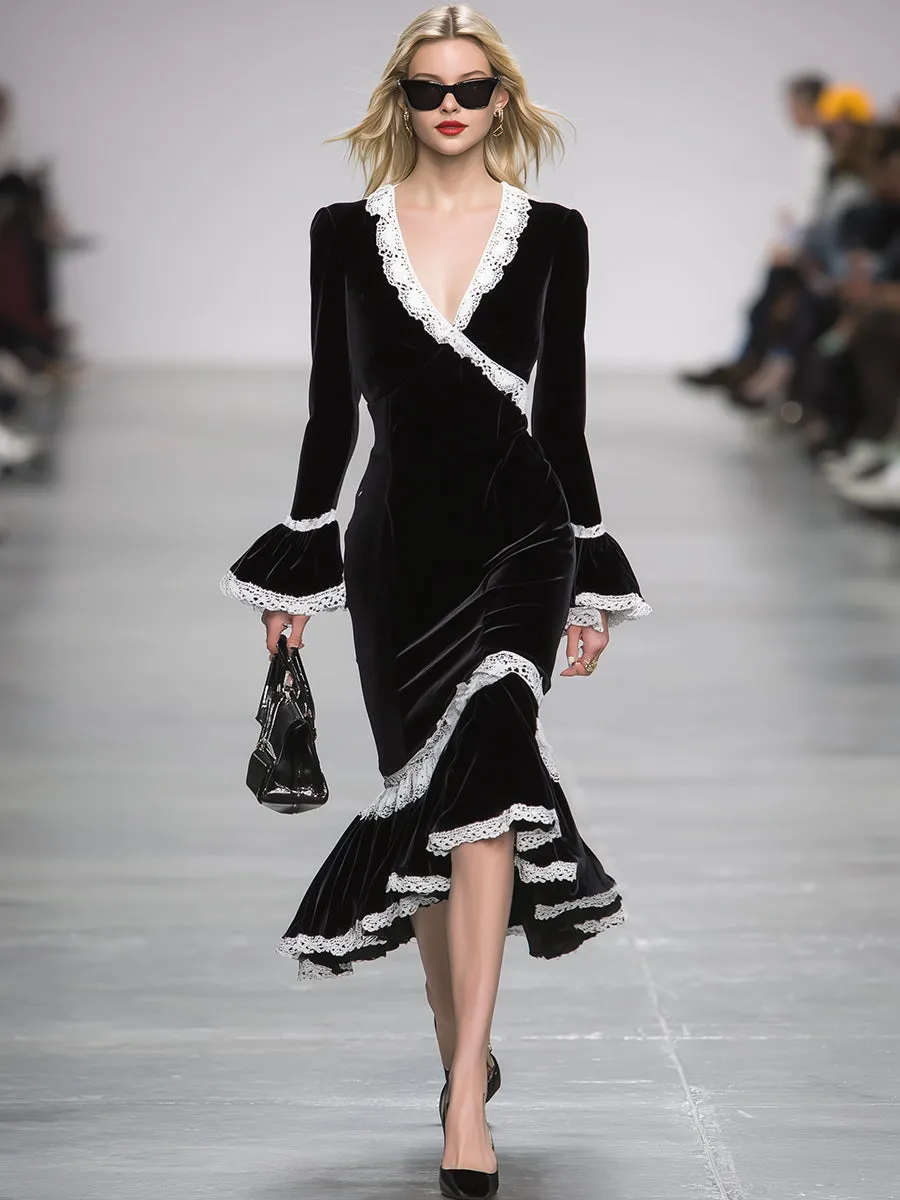 Simple And Stylish White Lace-trimmed Black Ruffled Fishtail Midi Dress sold by Oyrosy product image thumbnail 2