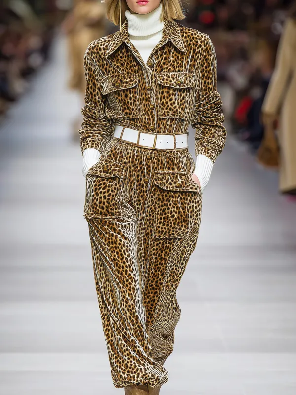 Western Casual Button Leopard Print Velvet Midi Dress sold by Oyrosy