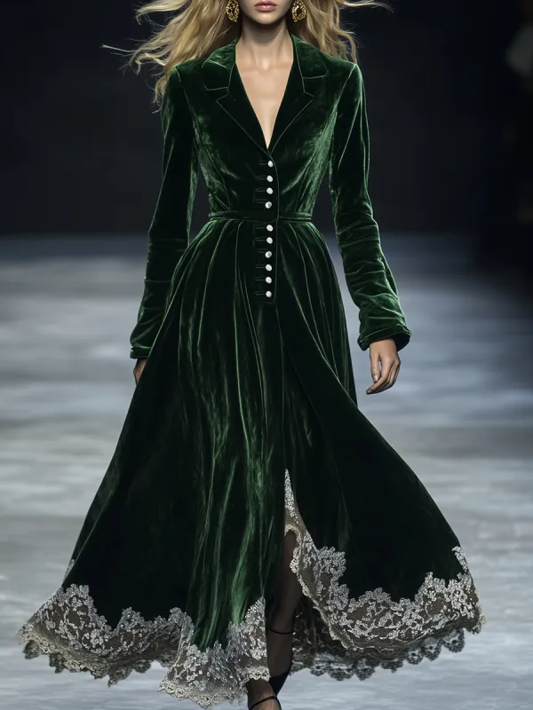 Casual Western-style Button-down Lace Dark Green Velvet Maxi Dress sold by Oyrosy