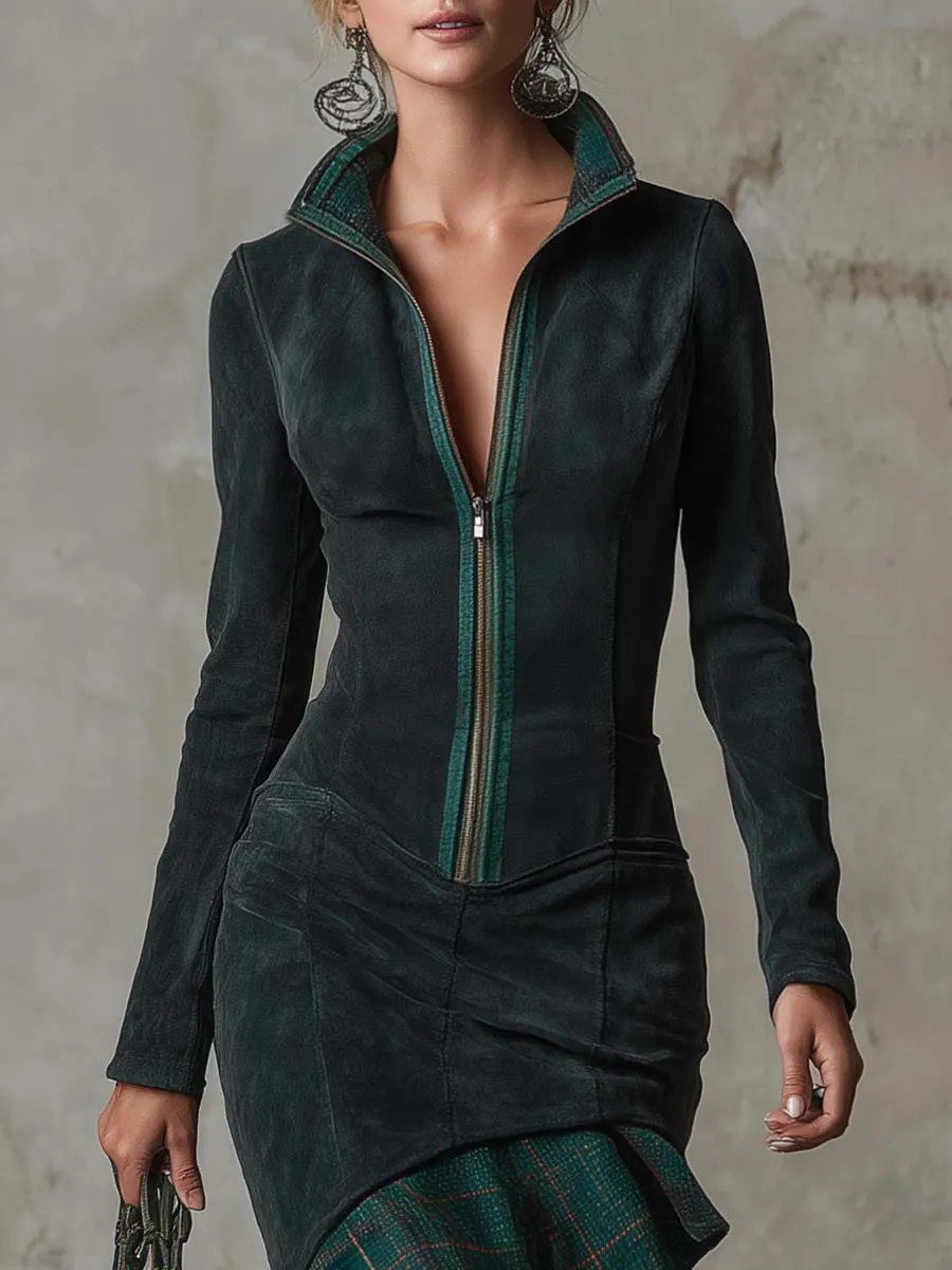 Vintage Western Lapel Front Zipper Green Plaid Ruffled Hem Dark Green Eco-friendly Suede Midi Dress sold by Oyrosy product image thumbnail 3