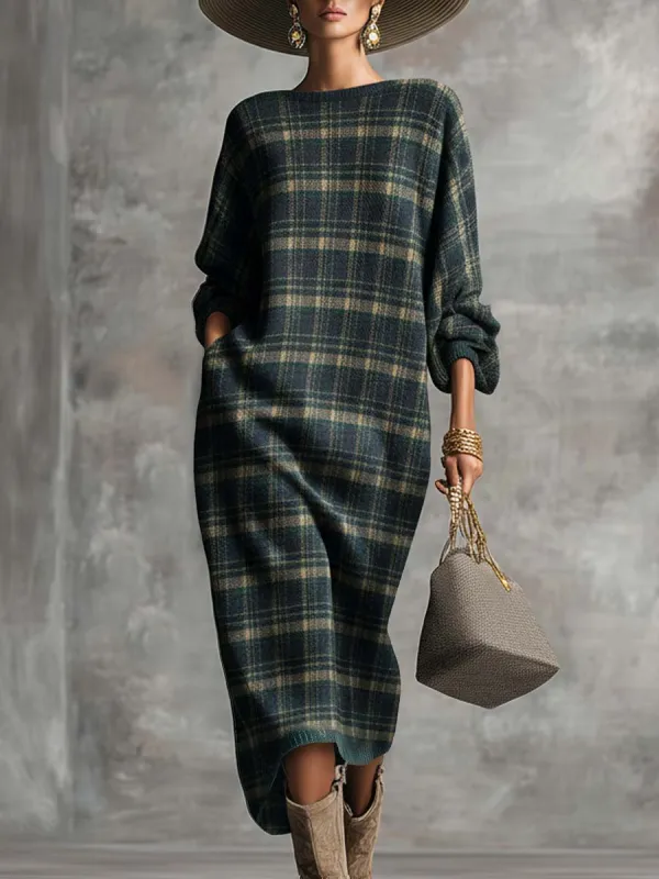 Vintage Fashion Loose-fitting Round Neck Green Plaid Midi Dress sold by Oyrosy