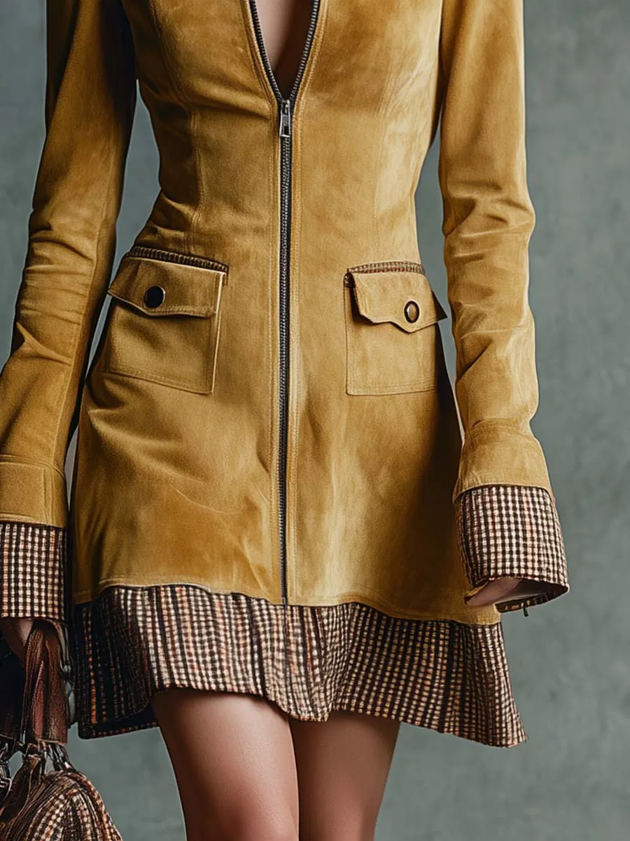 Vintage Elegant Western Lapel Front Zipper Plaid Ruffled Hem Gold Eco-friendly Suede Mini Dress sold by Oyrosy product image thumbnail 4