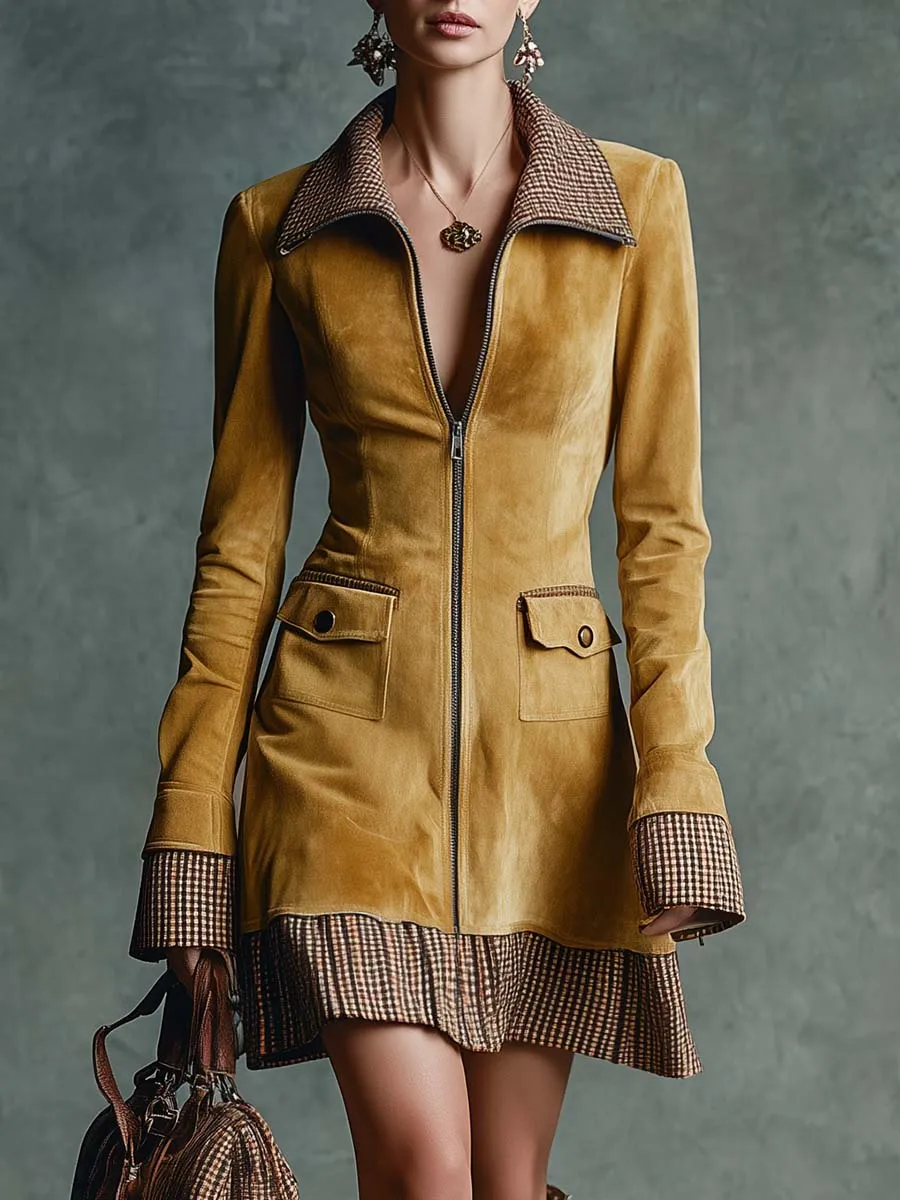 Vintage Elegant Western Lapel Front Zipper Plaid Ruffled Hem Gold Eco-friendly Suede Mini Dress sold by Oyrosy