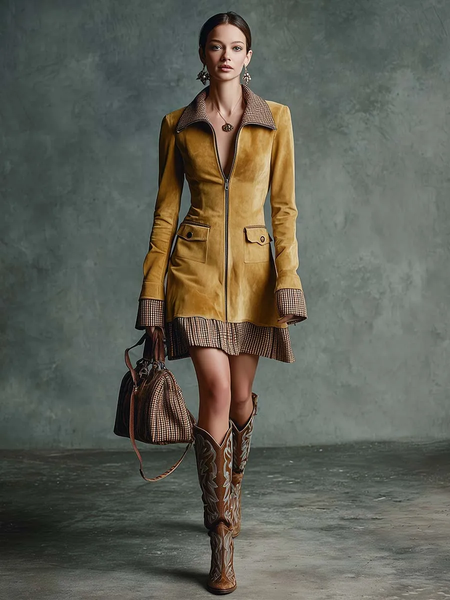 Vintage Elegant Western Lapel Front Zipper Plaid Ruffled Hem Gold Eco-friendly Suede Mini Dress sold by Oyrosy product image thumbnail 2