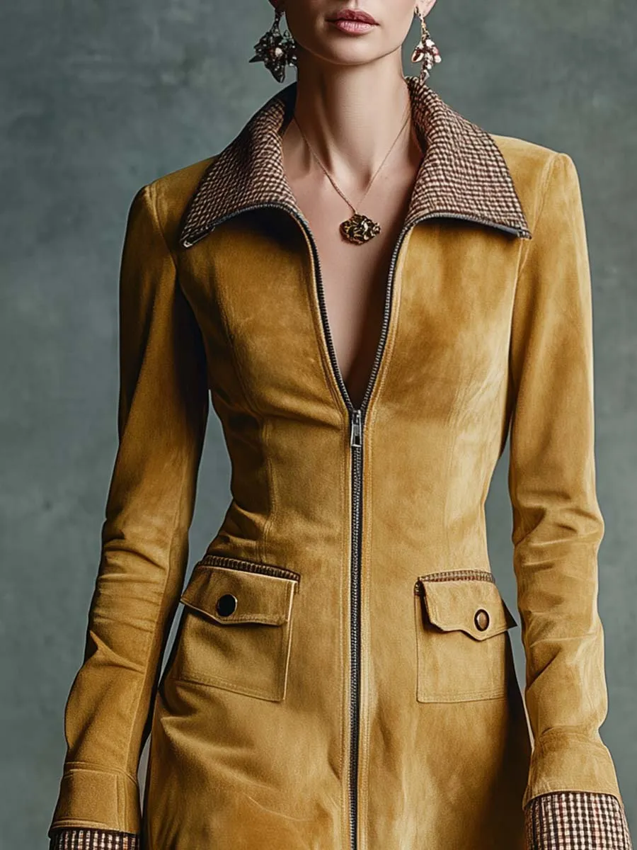 Vintage Elegant Western Lapel Front Zipper Plaid Ruffled Hem Gold Eco-friendly Suede Mini Dress sold by Oyrosy product image thumbnail 3