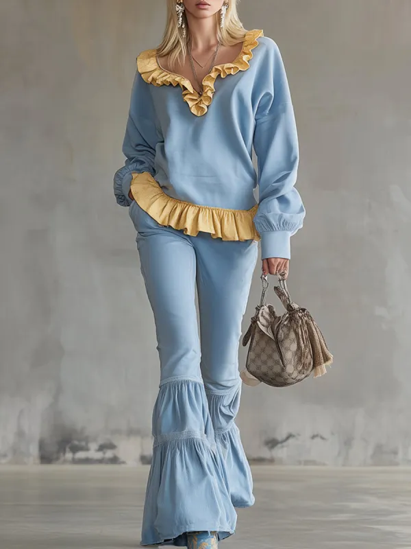 Stylish And Refreshing Blue Sweatshirt And Flared Pants Tracksuit sold by Oyrosy