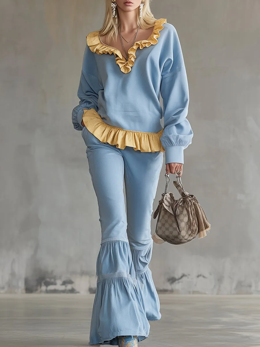 Stylish And Refreshing Blue Sweatshirt And Flared Pants Tracksuit sold by Oyrosy