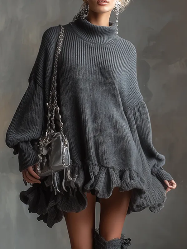 Elegant Silhouette Grey Ruffled Knit Mini Dress sold by Oyrosy